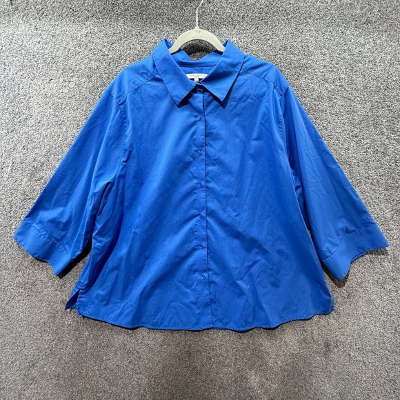 Foxcroft Button Up Top Women 24W Shaped Wrinkle Free Blue 3/4 Sleeve Shirt - Picture 1 of 8